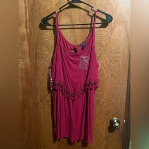 Women's Sleeveless Burgundy short jumpsuit with Lace Trim